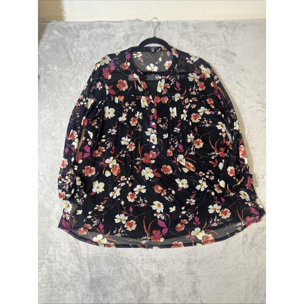 Cocomo Woman 3X Sheer Floral Blouse Black Pink Orange Yellow Long Sleeve Tunic